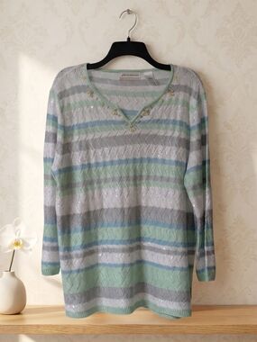 Alfred Dunner Lightweight Striped V-Neck Sweater